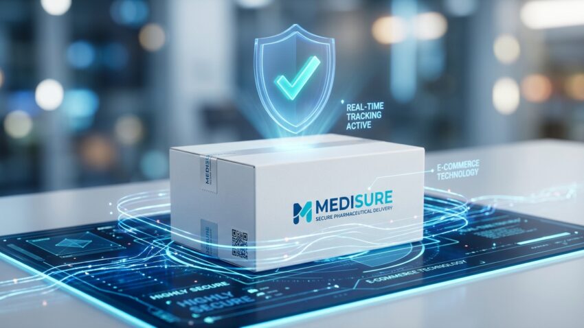 קופסת משלוח תרופות של חברת Medisure עם הולוגרמת מגן דיגיטלי כחול המייצגת אבטחה, מוצגת על גבי ממשק טכנולוגי עתידני למעקב בזמן אמת.